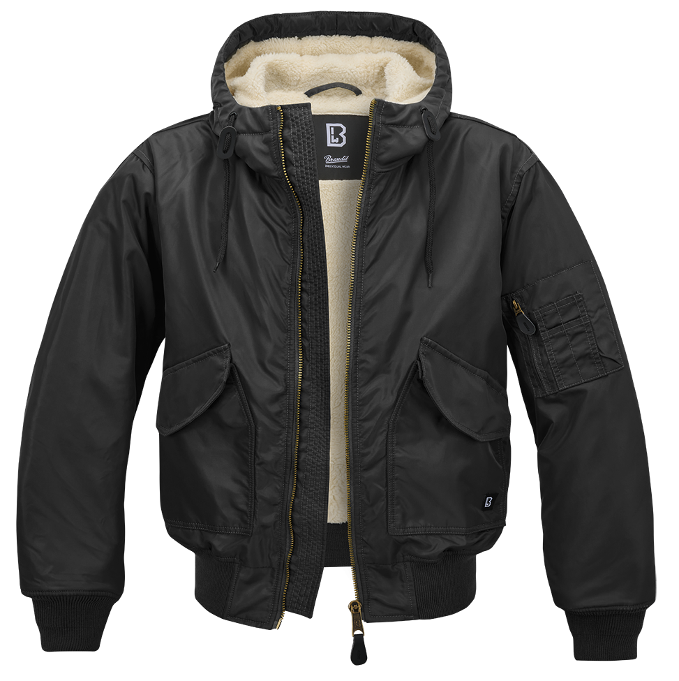 Schwarze Brandit CWU Fliegerjacke mit warmem Teddyfell, gefütterter Kapuze, Strickbündchen und wind-/wasserabweisendem Nylon.