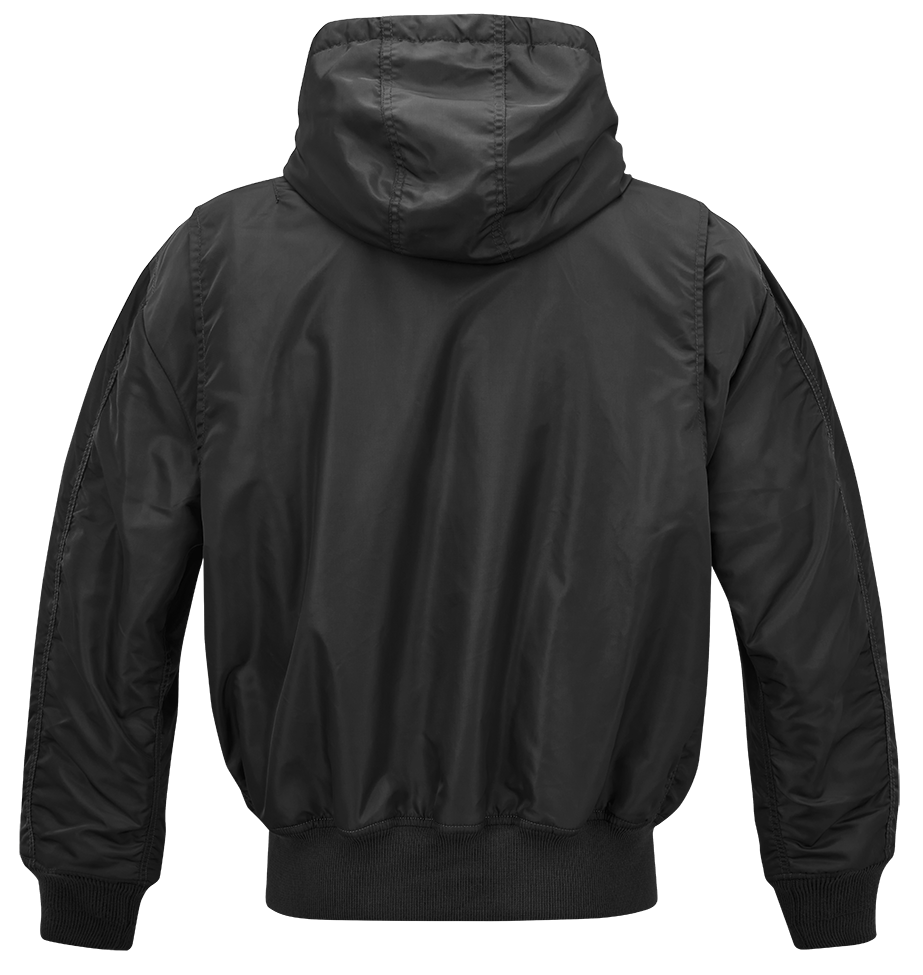 Schwarze Brandit CWU Fliegerjacke mit warmem Teddyfell, gefütterter Kapuze, Strickbündchen und wind-/wasserabweisendem Nylon.