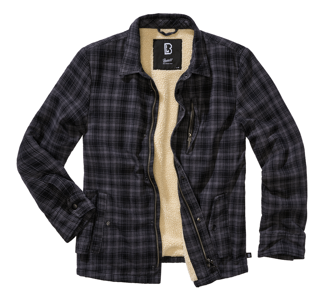 Brandit Herren Sherpa Jacke in Anthracite/Schwarz – warm, klassischer Holzfäller-Look mit Brust- und Seitentaschen.