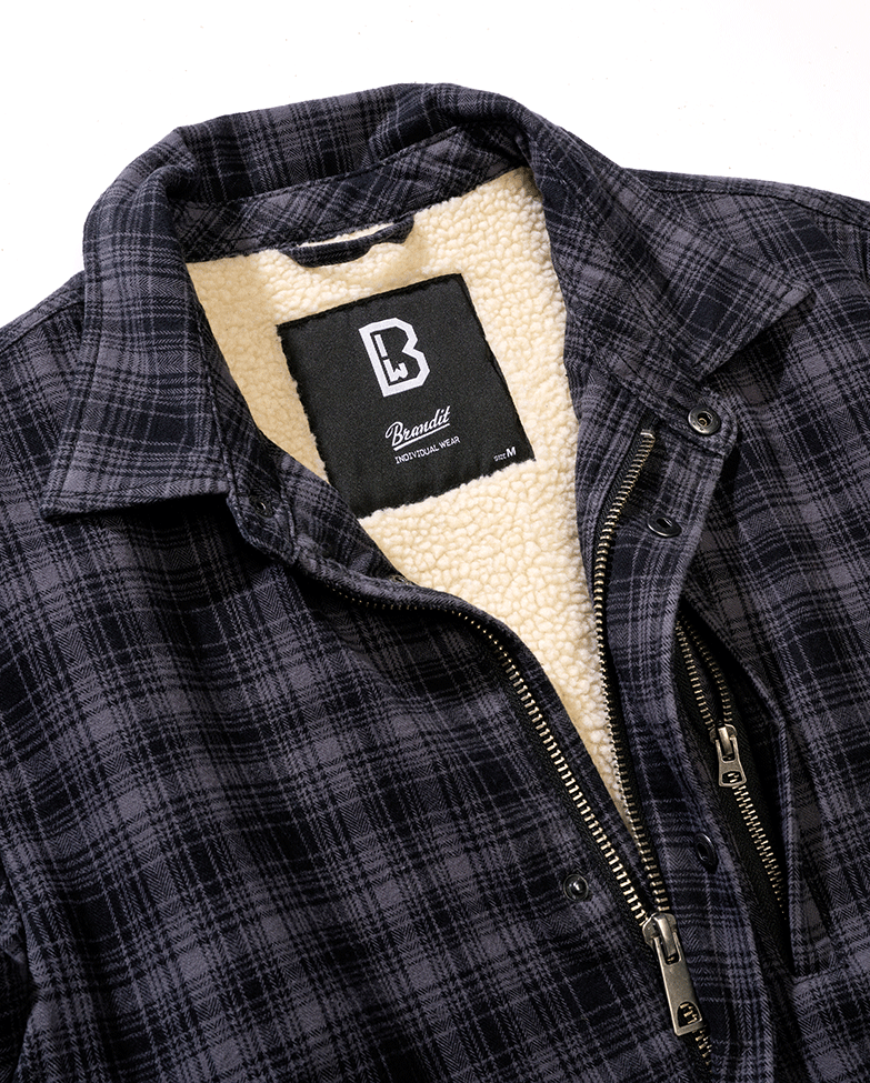 Brandit Herren Sherpa Jacke in Anthracite/Schwarz – warm, klassischer Holzfäller-Look mit Brust- und Seitentaschen.