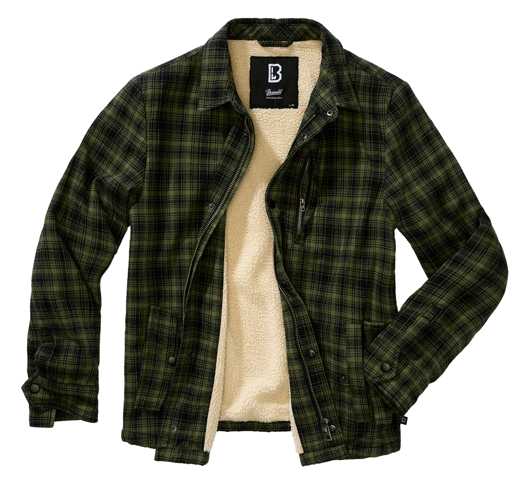 Brandit Herren Sherpa Jacke in Oliv/Schwarz – warm, klassischer Holzfäller-Look mit Brust- und Seitentaschen.