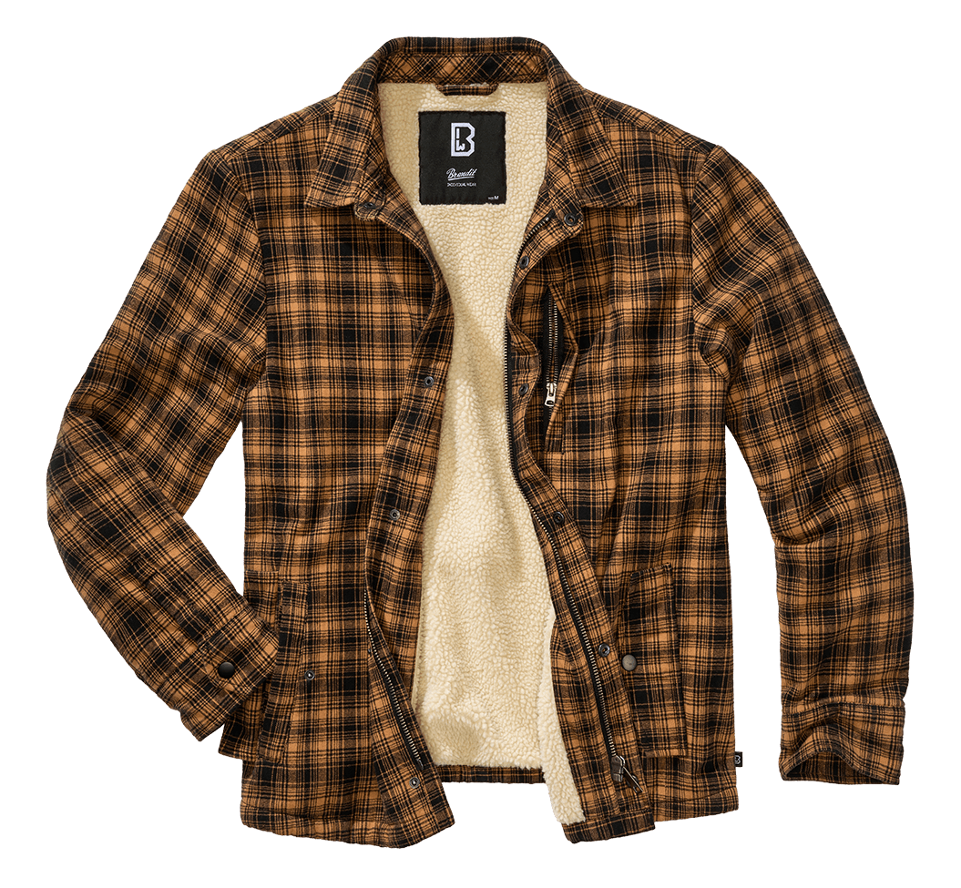 Brandit Herren Sherpa Jacke in Camel/Schwarz – warm, klassischer Holzfäller-Look mit Brust- und Seitentaschen.