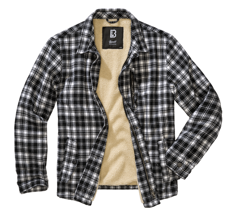 Brandit Herren Sherpa Jacke in Weiss/Schwarz – warm, klassischer Holzfäller-Look mit Brust- und Seitentaschen.