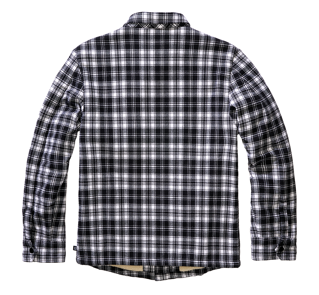 Brandit Herren Sherpa Jacke in Weiss/Schwarz – warm, klassischer Holzfäller-Look mit Brust- und Seitentaschen.