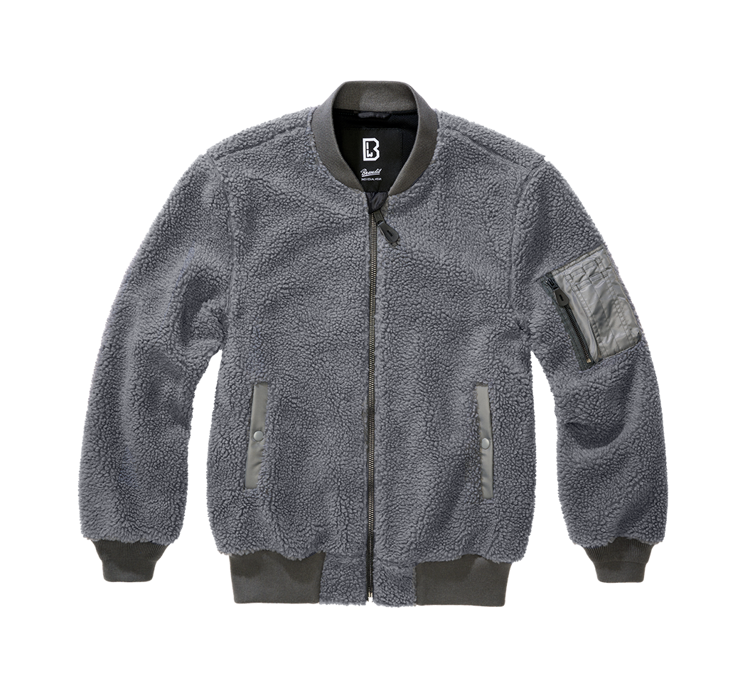 Brandit Teddyfleece-Bomberjacke in Anthra mit Strickbund, zwei Einschubtaschen und Oberarmtasche mit Reissverschluss.