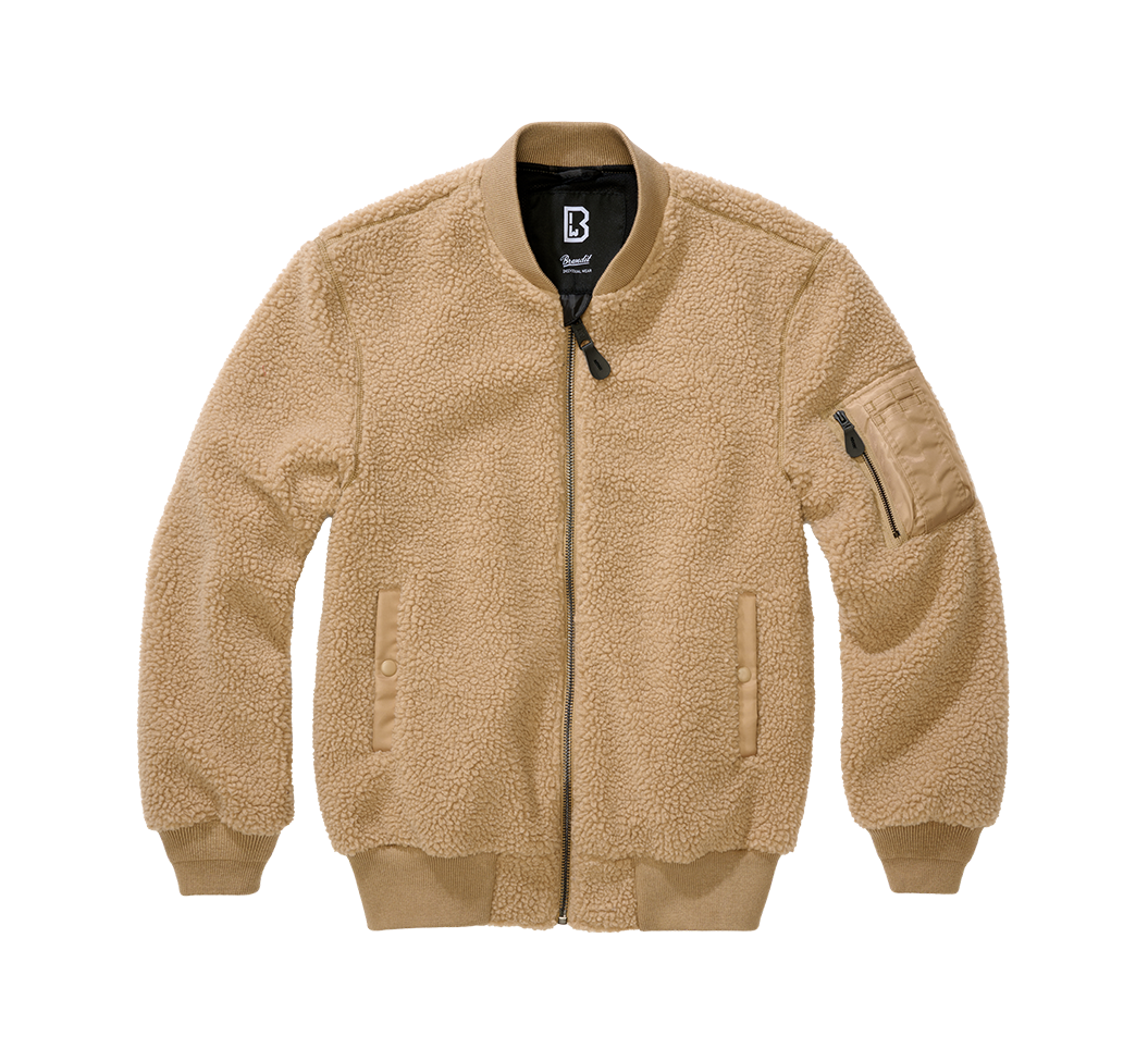 Brandit Teddyfleece-Bomberjacke in Camel mit Strickbund, zwei Einschubtaschen und Oberarmtasche mit Reissverschluss.