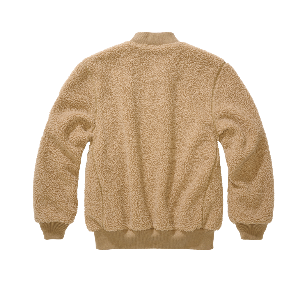 Brandit Teddyfleece-Bomberjacke in Camel mit Strickbund, zwei Einschubtaschen und Oberarmtasche mit Reissverschluss.