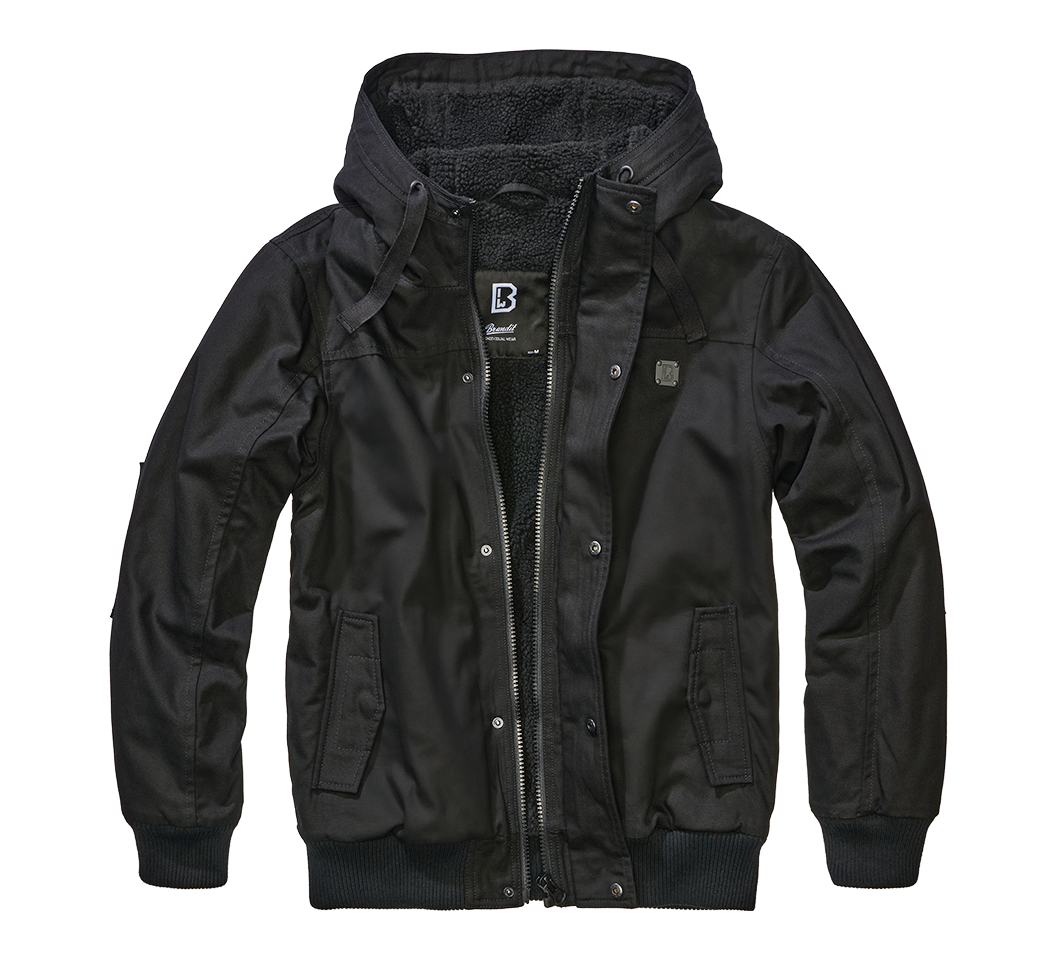 Brandit Kurzjacke in Schwarz – robustes Canvas, Kapuze mit Kordelzug, Teddyfellfutter und praktische Taschen für stylischen Komfort