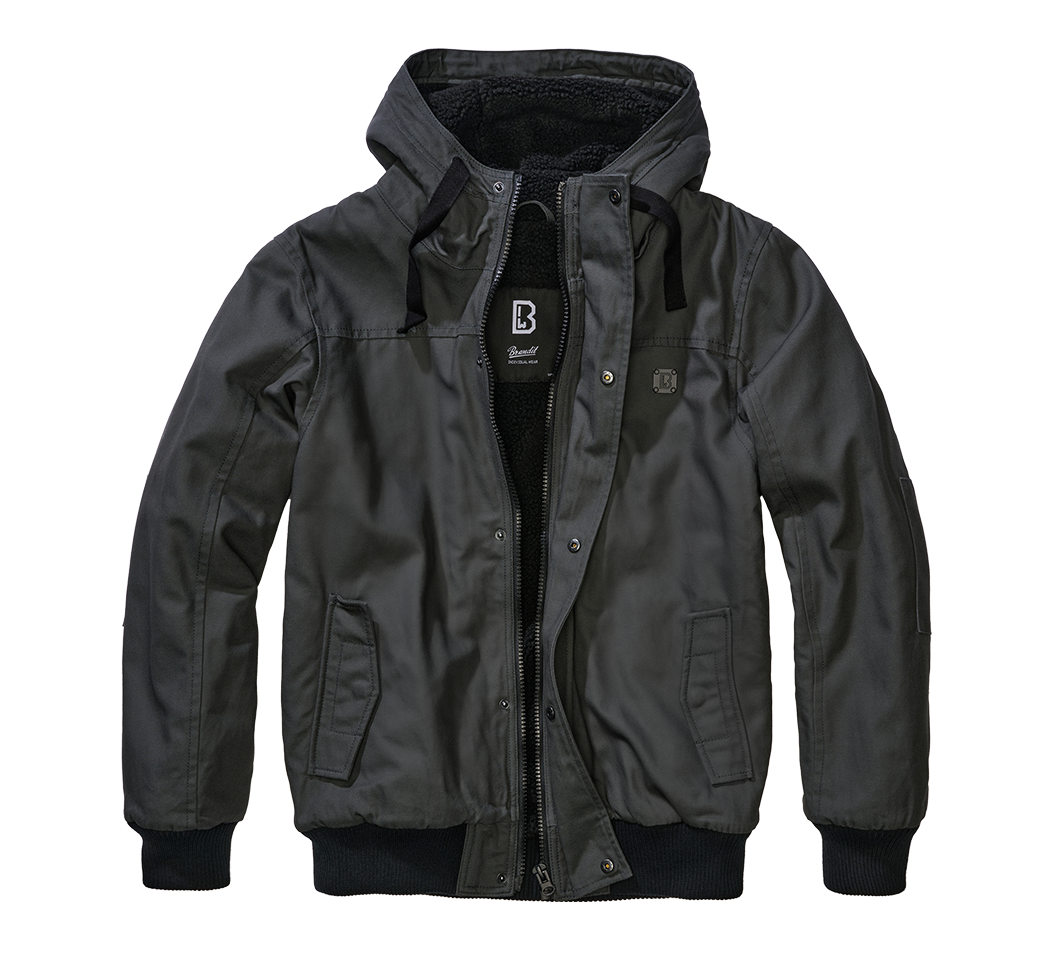 Brandit Kurzjacke Anthracite aus robustem Canvas mit Kapuze, Kordelzug, Teddyfellfutter und praktischen Taschen.