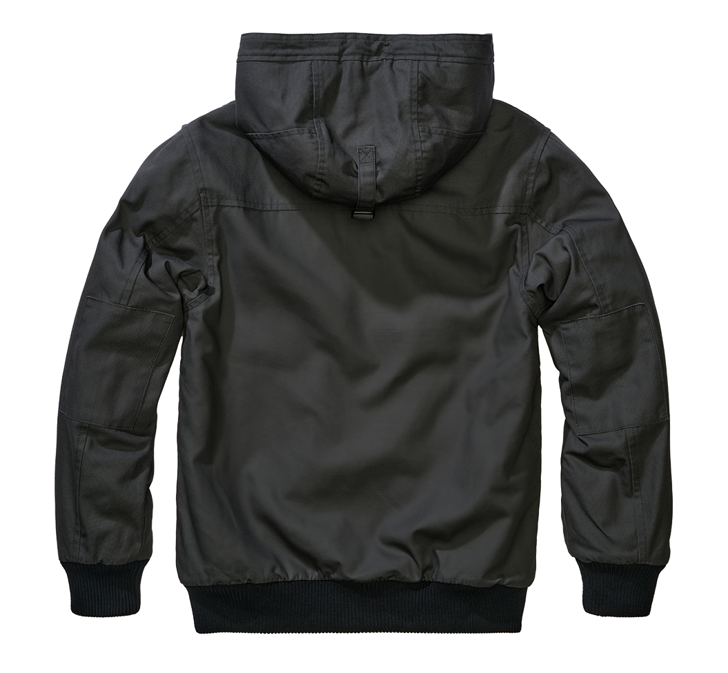 Brandit Kurzjacke Anthracite aus robustem Canvas mit Kapuze, Kordelzug, Teddyfellfutter und praktischen Taschen.