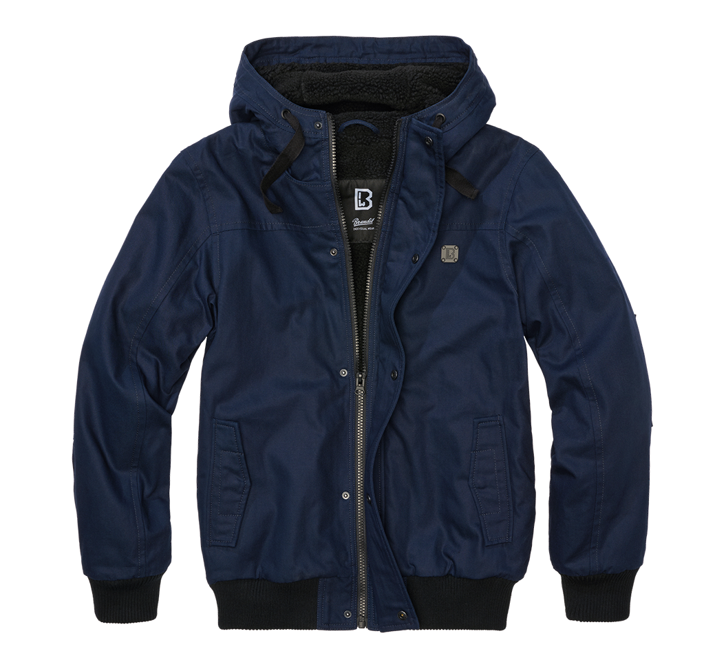 Brandit Kurzjacke Navy aus robustem Canvas mit Kapuze, Kordelzug, Teddyfellfutter und praktischen Taschen.