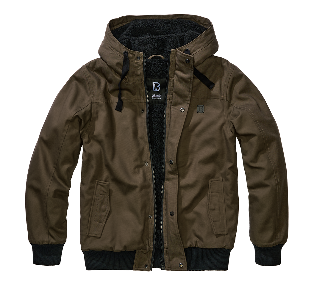 Brandit Kurzjacke in Oliv – robustes Canvas, Kapuze mit Kordelzug, Teddyfellfutter und praktische Taschen für stylischen Komfort