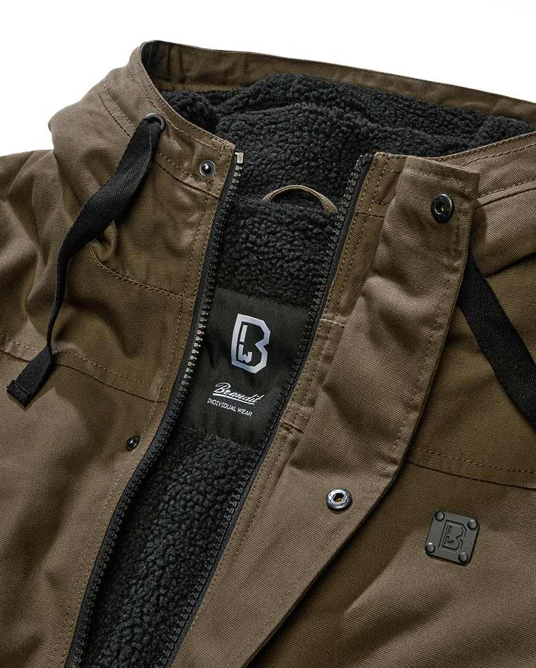 Brandit Kurzjacke in Oliv – robustes Canvas, Kapuze mit Kordelzug, Teddyfellfutter und praktische Taschen für stylischen Komfort