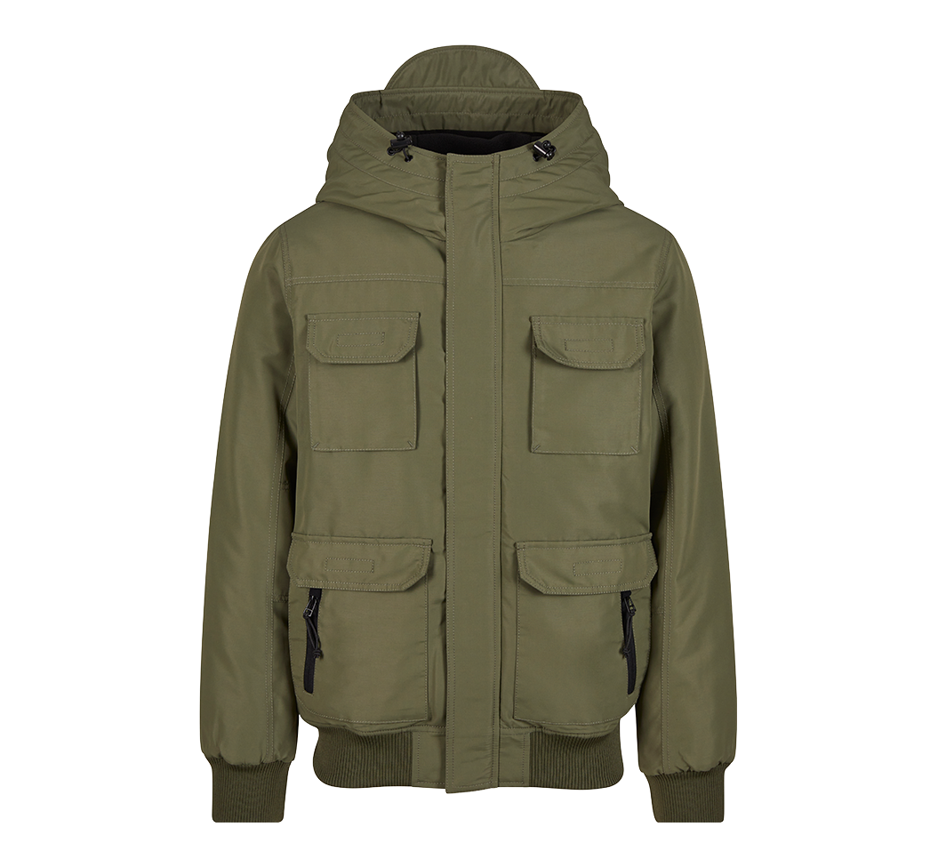 Brandit Jacke Oliv mit Kapuze, Stehkragen, 6 Taschen und hohem Tragekomfort