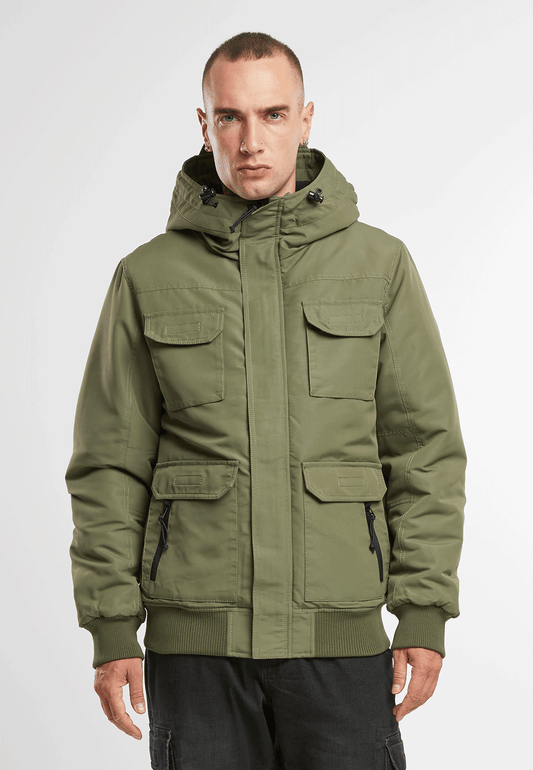 Brandit Jacke Oliv mit Kapuze, Stehkragen, 6 Taschen und hohem Tragekomfort