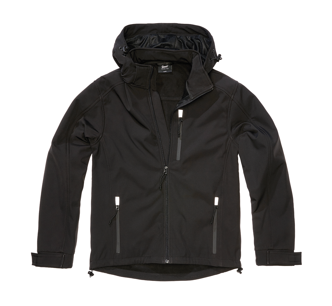 Schwarze Brandit Softshelljacke mit wasserdichten Reissverschlüssen und reflektierenden Details.
