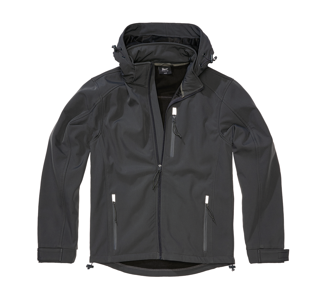 Brandit Anthracite Softshelljacke mit wasserdichten Reißverschlüssen und reflektierenden Details.