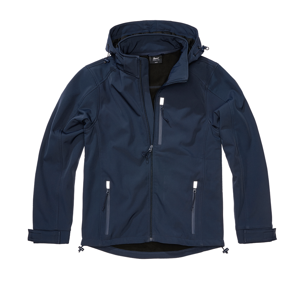 Brandit Navy Softshelljacke mit wasserdichten Reißverschlüssen und reflektierenden Details.