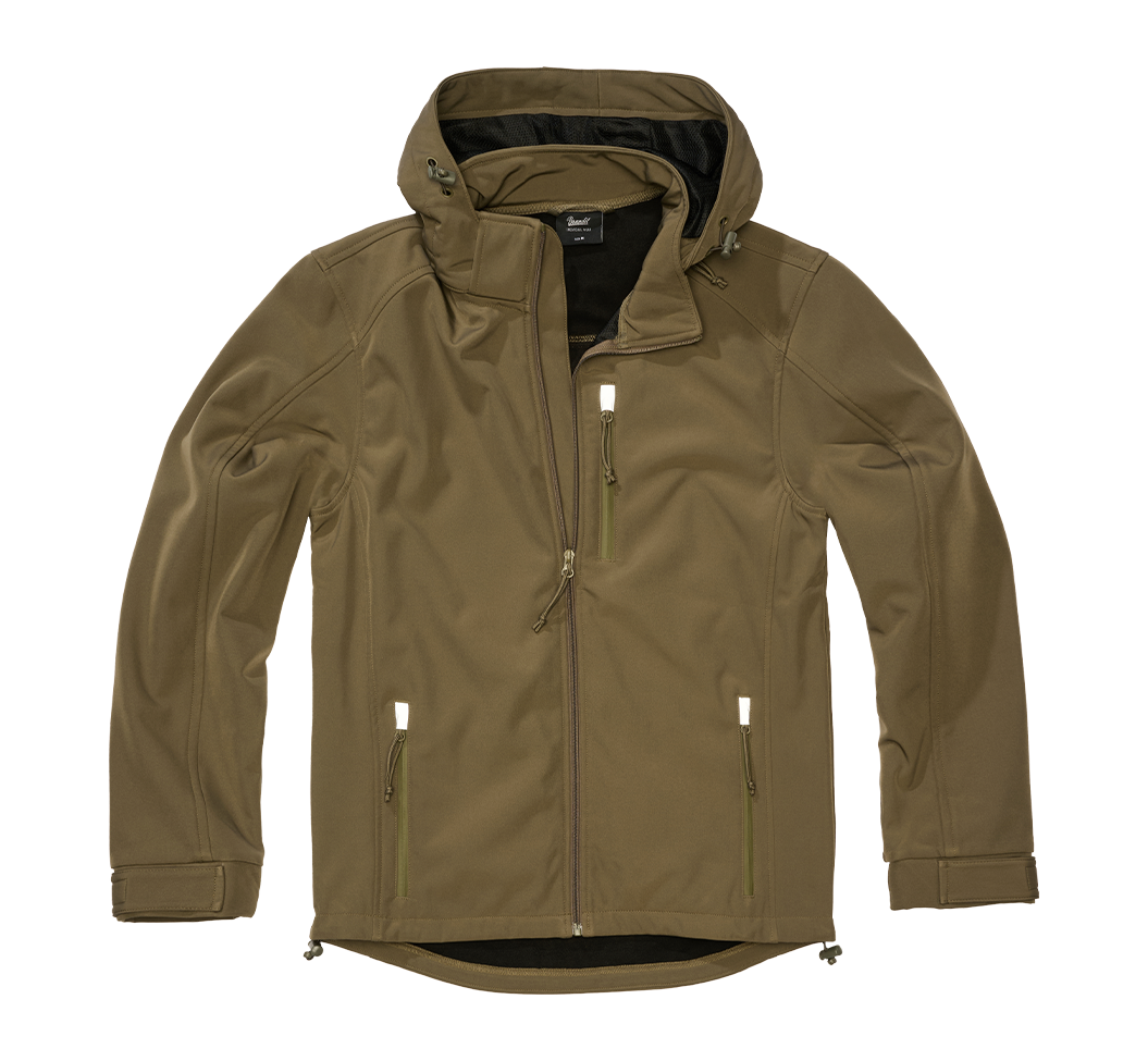 Brandit Oliv Softshelljacke mit wasserdichten Reißverschlüssen und reflektierenden Details.