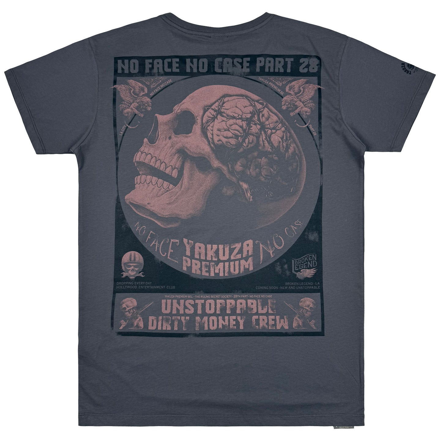Yakuza Premium Selection T-Shirt in Dunkelgrau Stone mit kleinem Brustprint und grossem Rückenprint