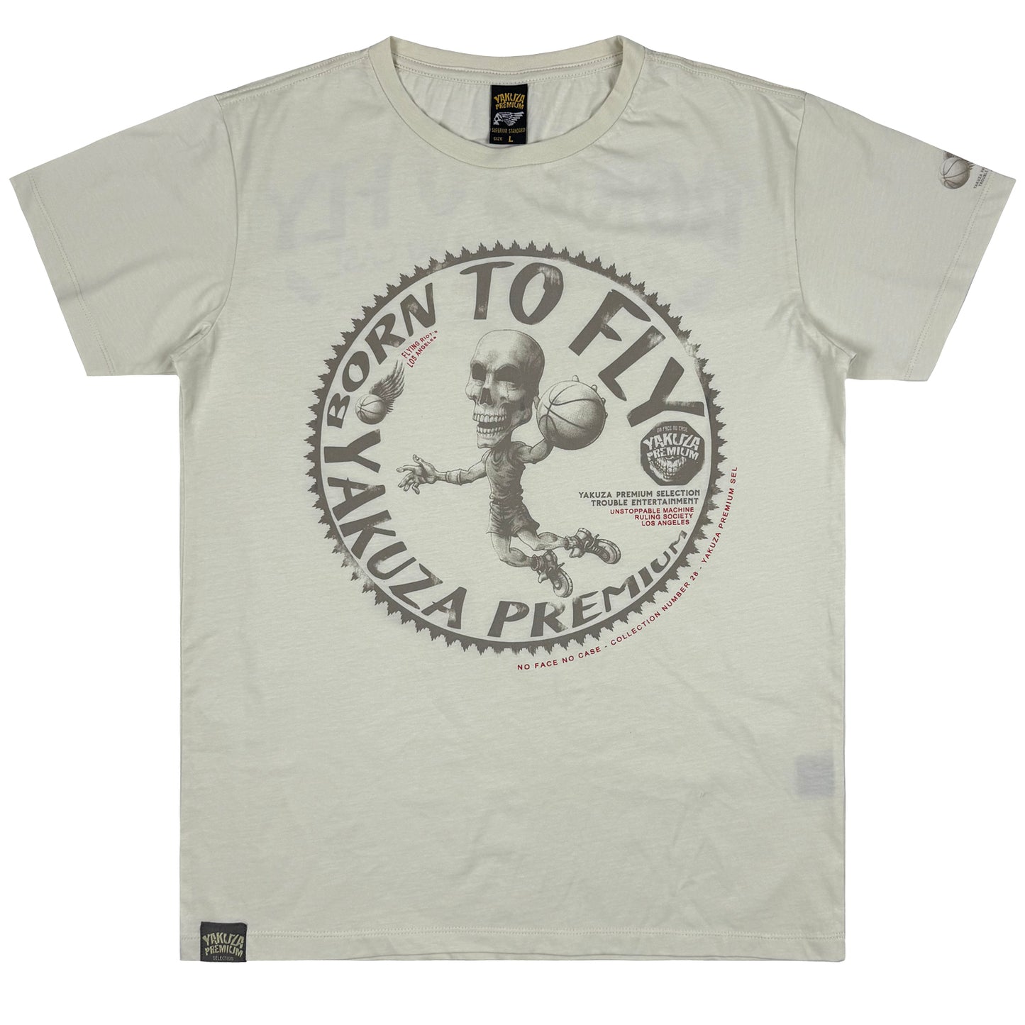 Silbernes Yakuza Premium T-Shirt mit grossem Grafik-Druck, Pima-Baumwolle, körperbetonter Schnitt.