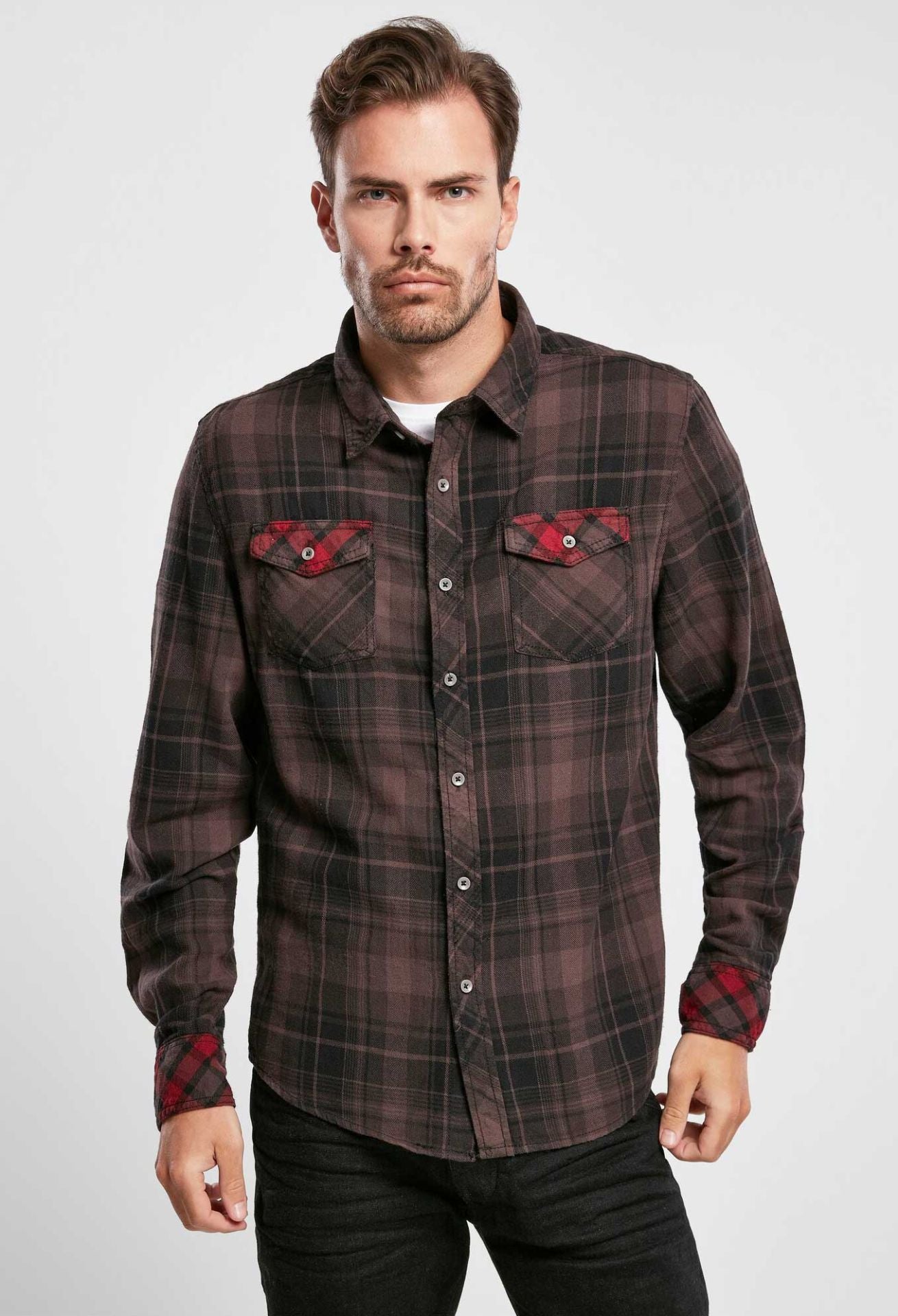 BRANDIT Duncan Flanellhemd: Braun-schwarzes Karo-Langarmhemd aus 100% Baumwolle, mit Kontrast-Brusttaschen