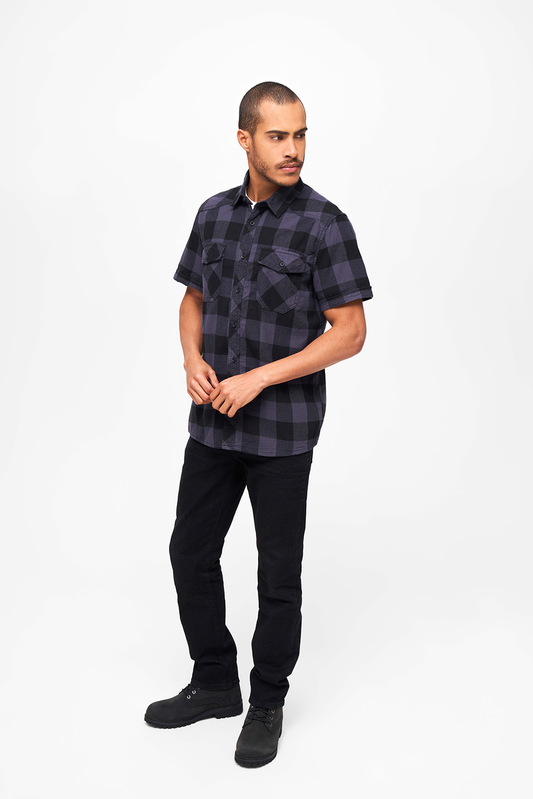 Brandit Kurzarm Karohemd schwarz/grau für Herren im Holzfäller-Look, 100% Baumwolle mit zwei Brusttaschen