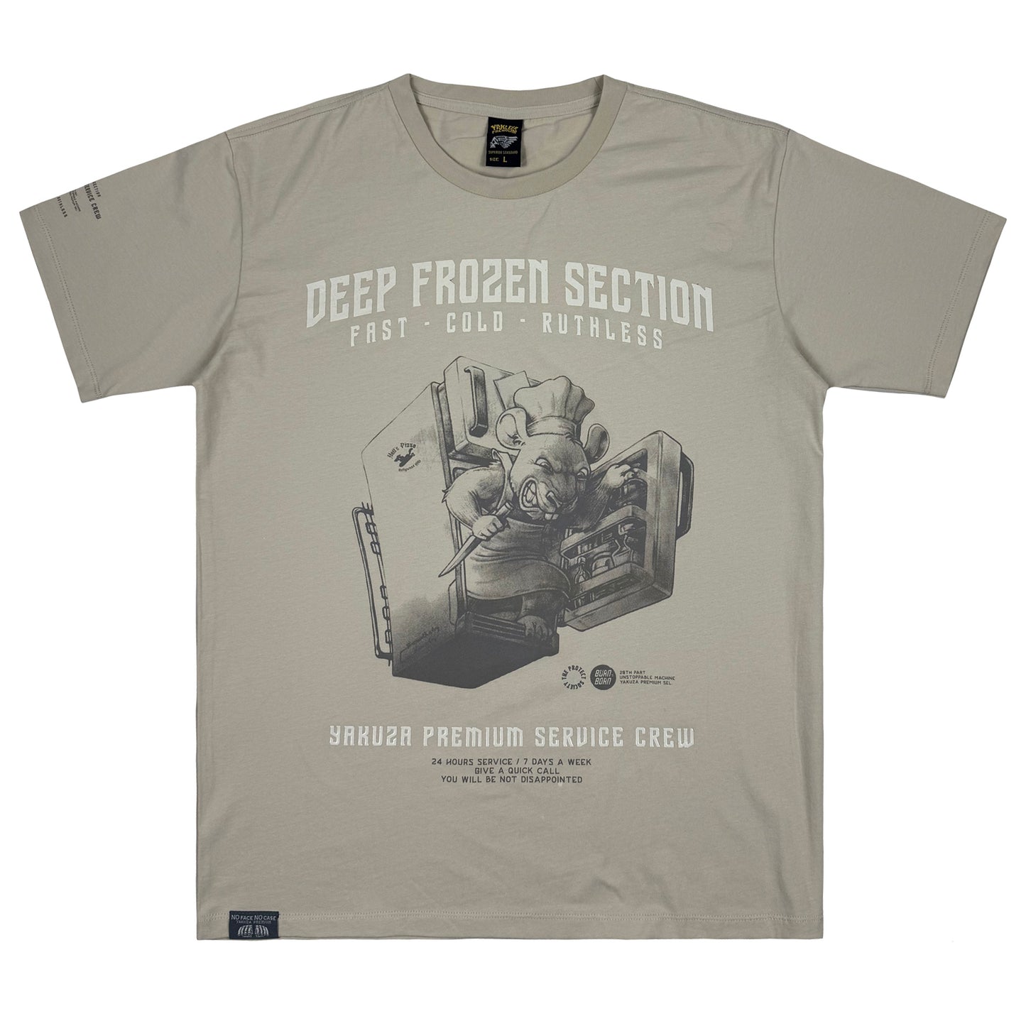 Sand-olives Yakuza Premium T-Shirt mit grossem Ratten Print im Biker Stil.
