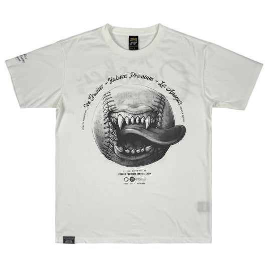 Off-White Yakuza Premium T-Shirt mit Biker Baseball Print.