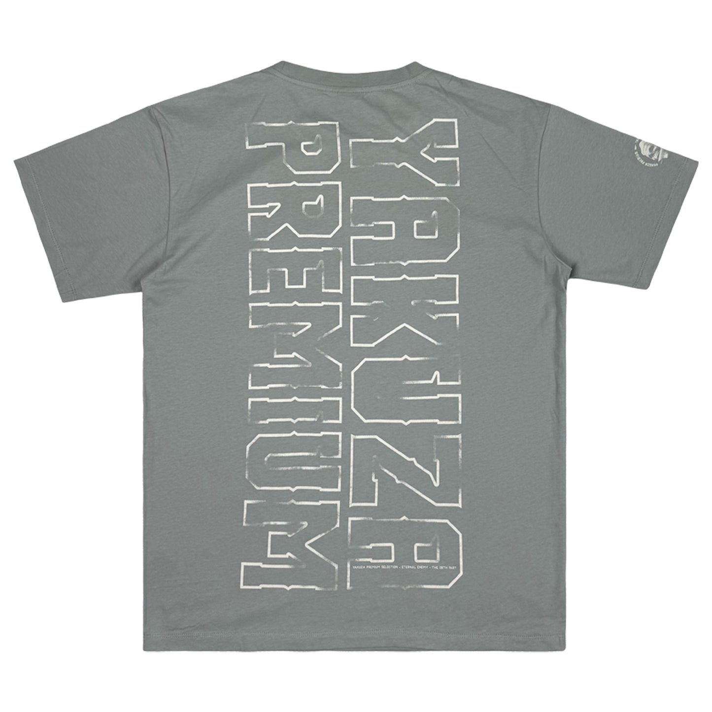 Rückseite des aqua-grauen Yakuza Premium T-Shirts mit vertikalem Logo-Print aus weicher Pima-Baumwolle.