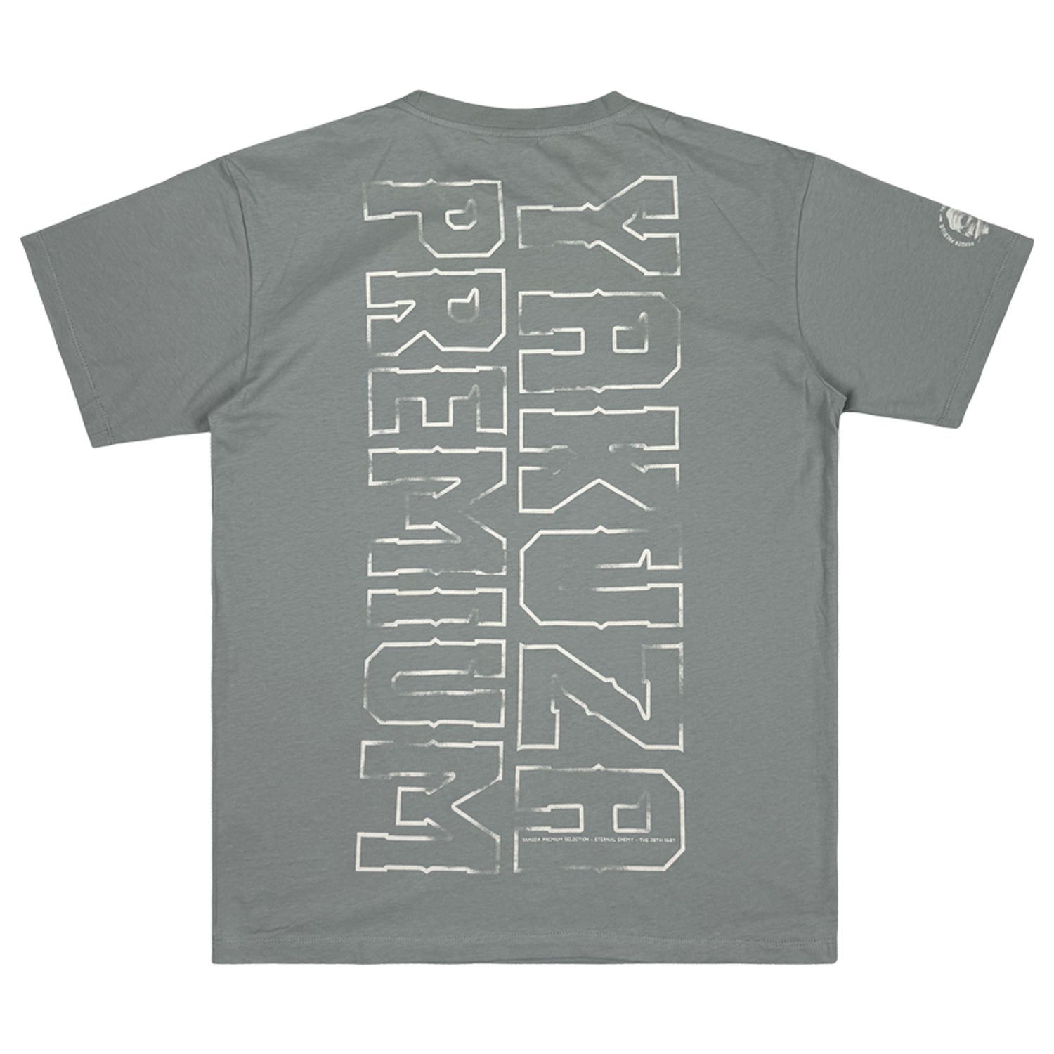 Rückseite des aqua-grauen Yakuza Premium T-Shirts mit vertikalem Logo-Print aus weicher Pima-Baumwolle.