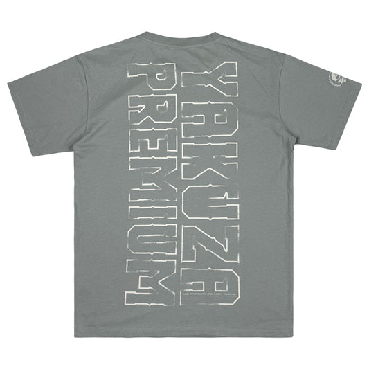 Rückseite des aqua-grauen Yakuza Premium T-Shirts mit vertikalem Logo-Print aus weicher Pima-Baumwolle.