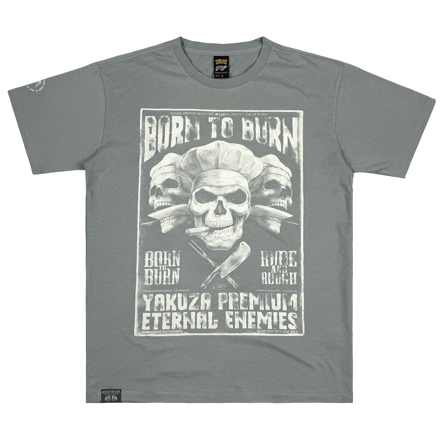 Aqua-graues Yakuza Premium T-Shirt mit Born to Burn Totenkopf-Print aus weicher Pima-Baumwolle.