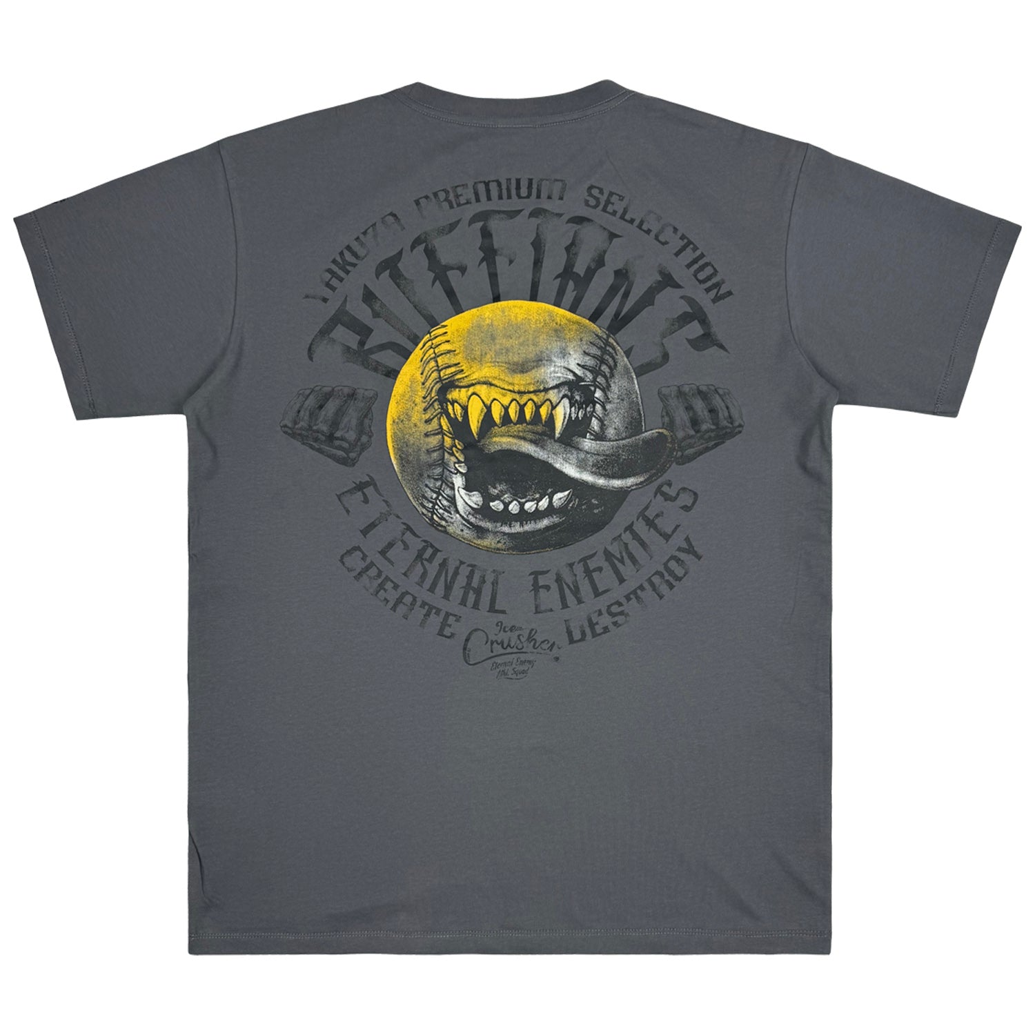 Rückseite von dunkelgrauem Yakuza Premium T-Shirt mit Baseball-Rückenprint.