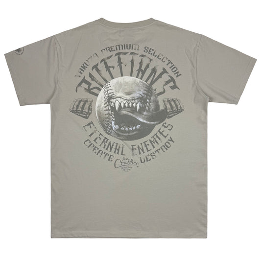 Rückseite von sandfarbenem Yakuza Premium T-Shirt mit Baseball-Rückenprint.
