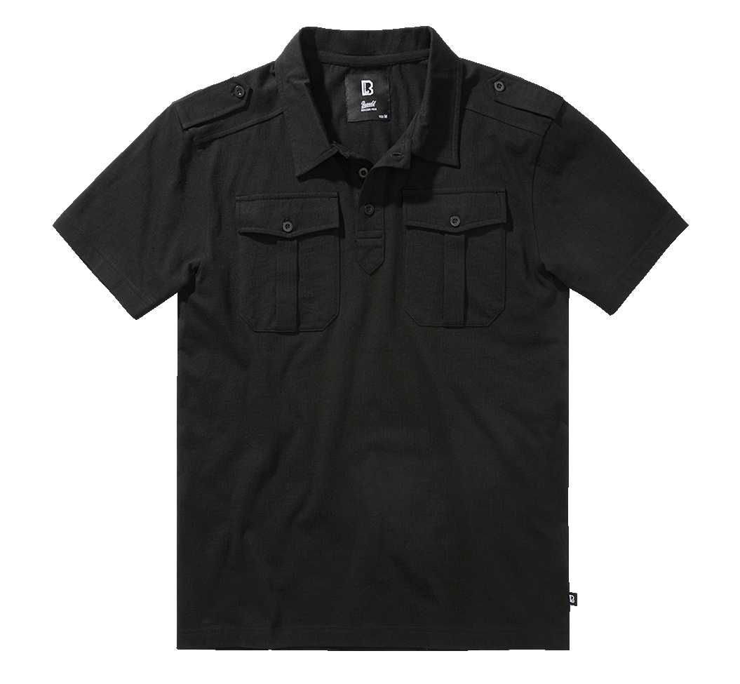 Schwarzes Brandit Kurzarm-Poloshirt aus weicher Baumwolle mit klassischem Schnitt, Polokragen und zwei Brusttaschen.