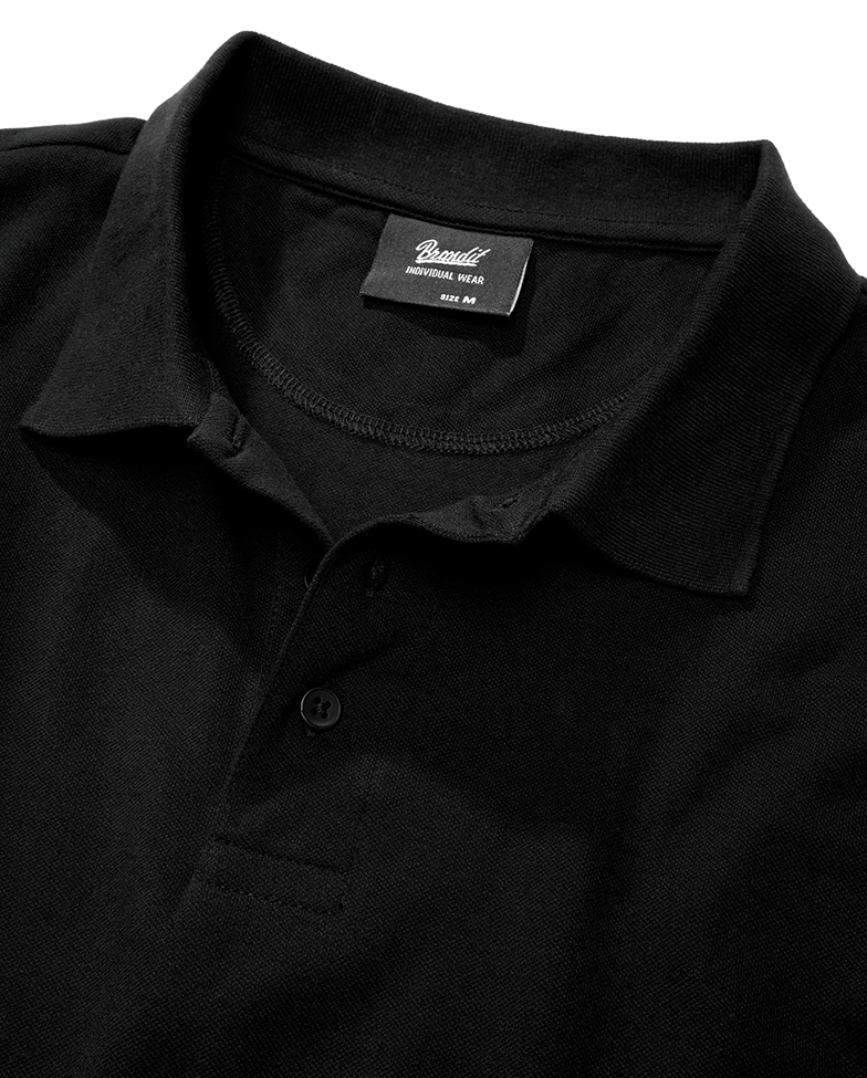 Brandit Poloshirt schwarz, Stehkragen, kurze Ärmel, Knopfleiste, hoher Tragekomfort