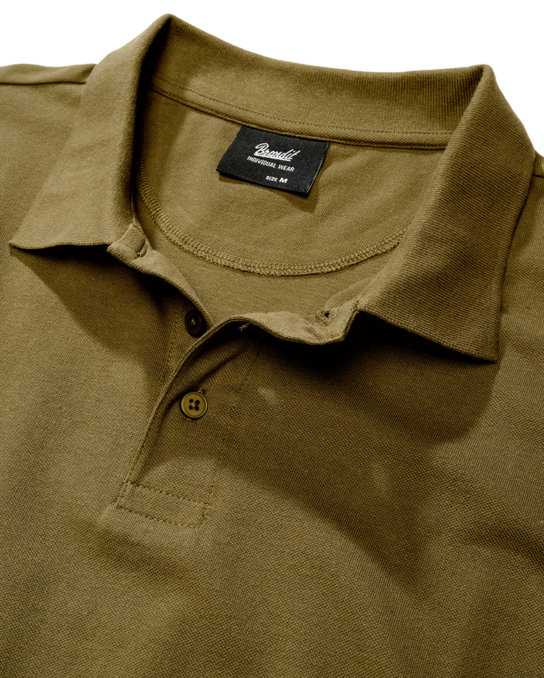 Brandit Poloshirt oliv, Stehkragen, kurze Ärmel, Knopfleiste, hoher Tragekomfort