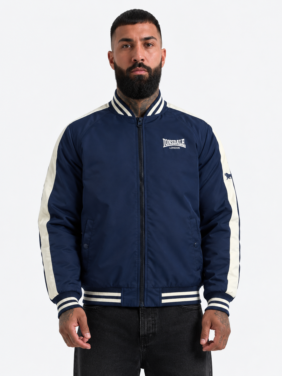 Lonsdale Herren-Collegejacke in Navy, normale Passform mit Reissverschluss und Logo-Stickerei
