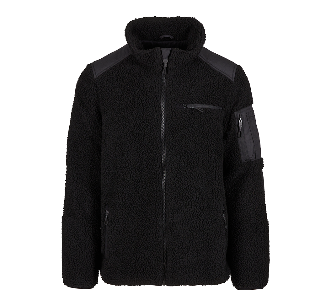 Brandit Teddyfleece Jacke in schwarz mit Ripstop-Einsaetzen, Reissverschlusstaschen, hohem Kragen und atmungsaktivem Meshfutter.