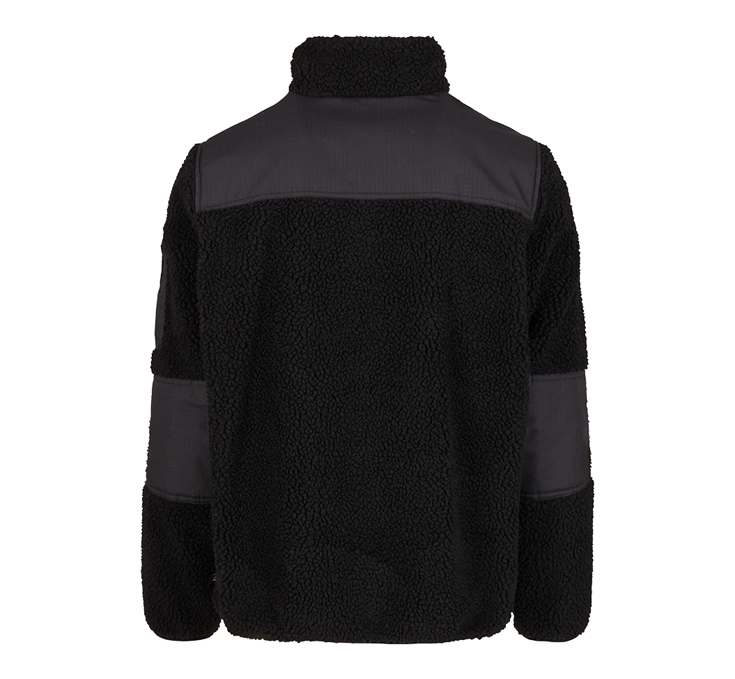 Brandit Teddyfleece Jacke in schwarz mit Ripstop-Einsaetzen, Reissverschlusstaschen, hohem Kragen und atmungsaktivem Meshfutter.