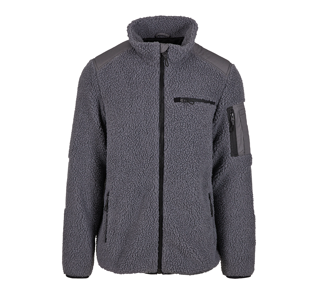 Brandit Teddyfleece Jacke in Anthra mit Ripstop-Einsaetzen, Reissverschlusstaschen, hohem Kragen und atmungsaktivem Meshfutter.