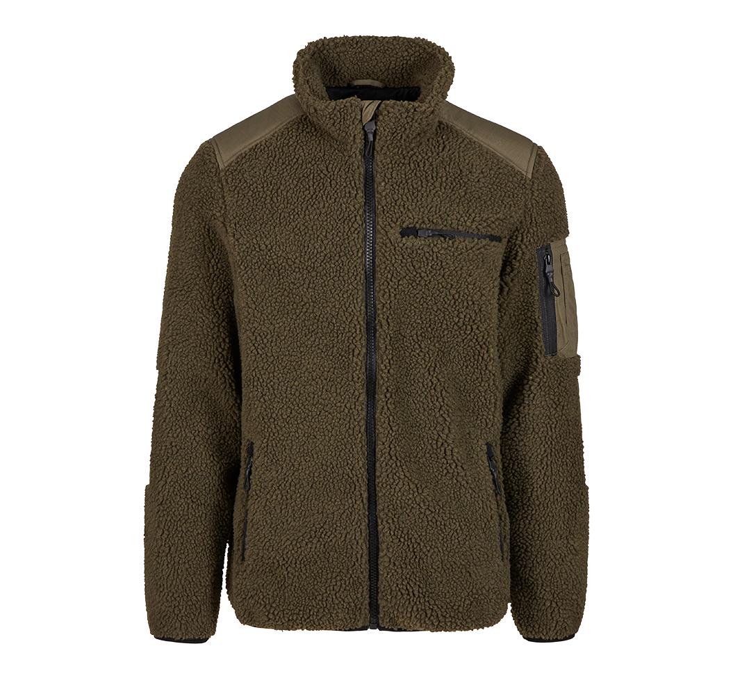 Brandit Teddyfleece Jacke in oliv mit Ripstop-Einsaetzen, Reissverschlusstaschen, hohem Kragen und atmungsaktivem Meshfutter.