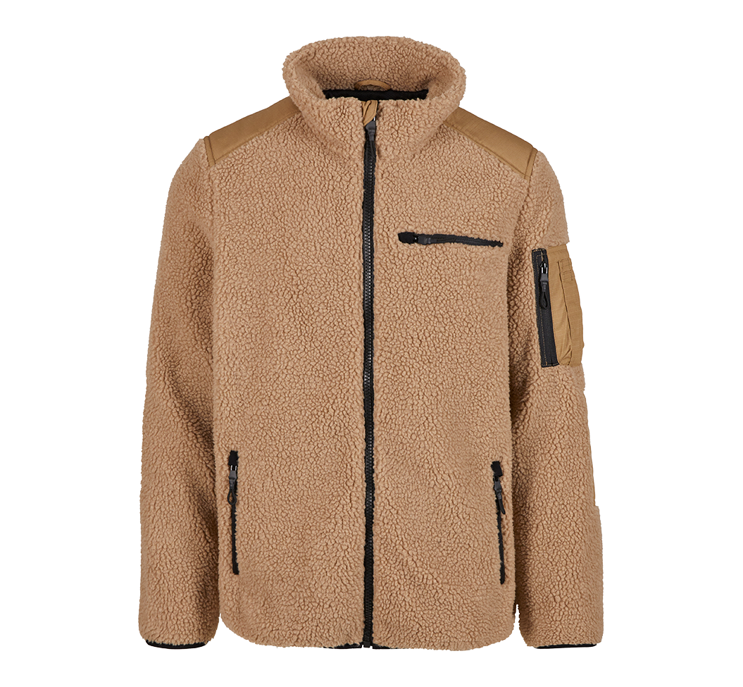 Brandit Teddyfleece-Jacke Camel mit Ripstop-Einsätzen, Reissverschlusstaschen und atmungsaktivem Meshfutter.