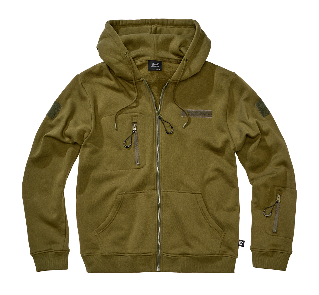 Brandit Sweat Kapuzenjacke oliv mit Brust- und Armtaschen, Klettflächen und hohem Tragekomfort