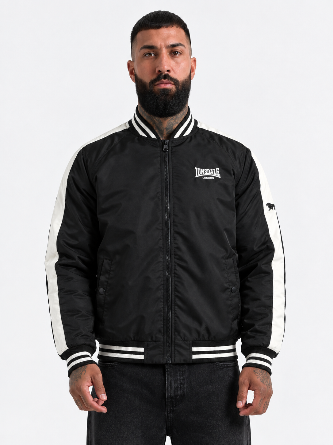 Lonsdale Herren-Collegejacke in Schwarz, normale Passform mit Reissverschluss und Logo-Stickerei