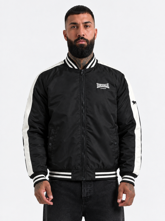 Lonsdale Herren-Collegejacke in Schwarz, normale Passform mit Reissverschluss und Logo-Stickerei