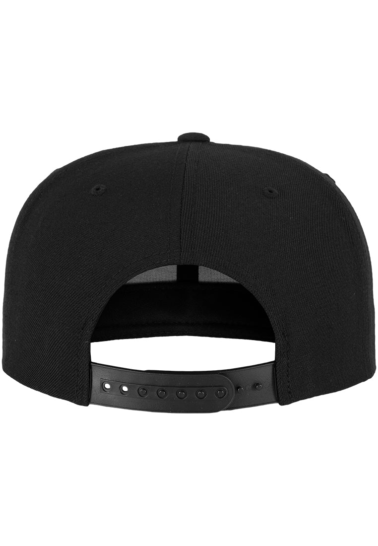 Rückansicht der schwarzen Flexfit Floral Snapback Cap mit verstellbarem Druckknopfverschluss aus Kunststoff.