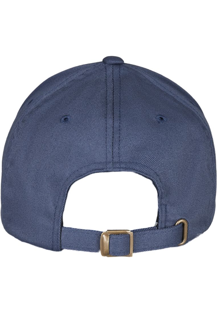 Rückansicht einer dunkelblauen Flexfit Kappe mit Metallschnalle.