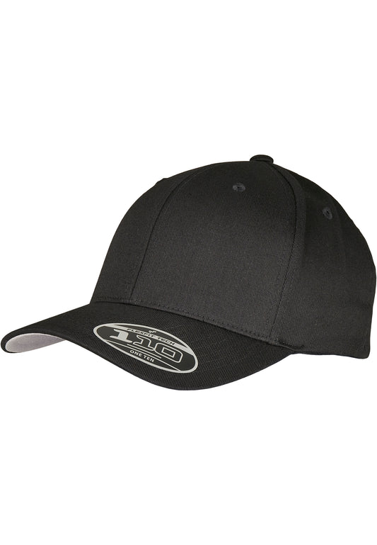Schwarze Flexfit 110 Kappe aus Wollmischung mit gebogenem Schirm.